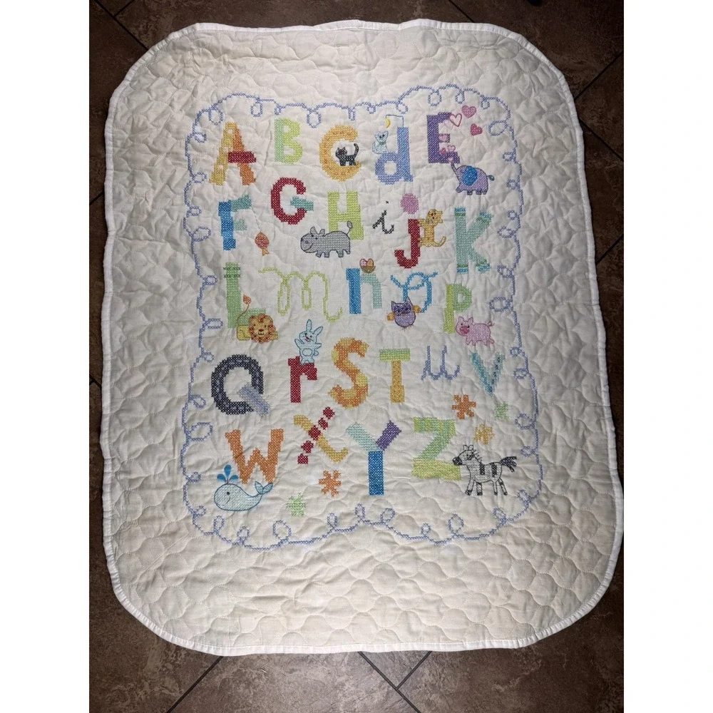 Vintage Hanging Cross Stitch Baby Quilt Alphabet Animals ABC Nursery Blanket